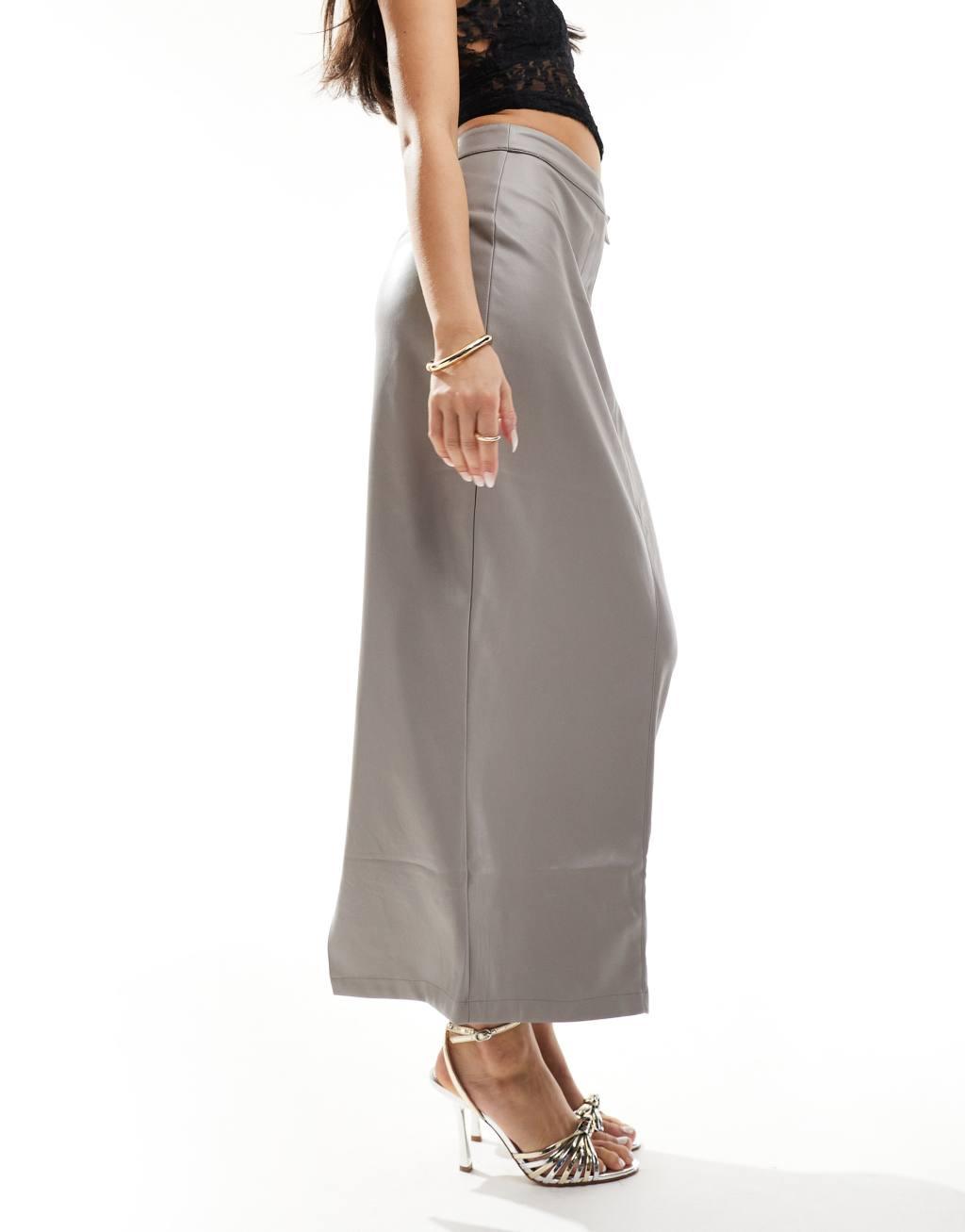 River Island tailored faux leather midaxi skirt in light gray Product Image