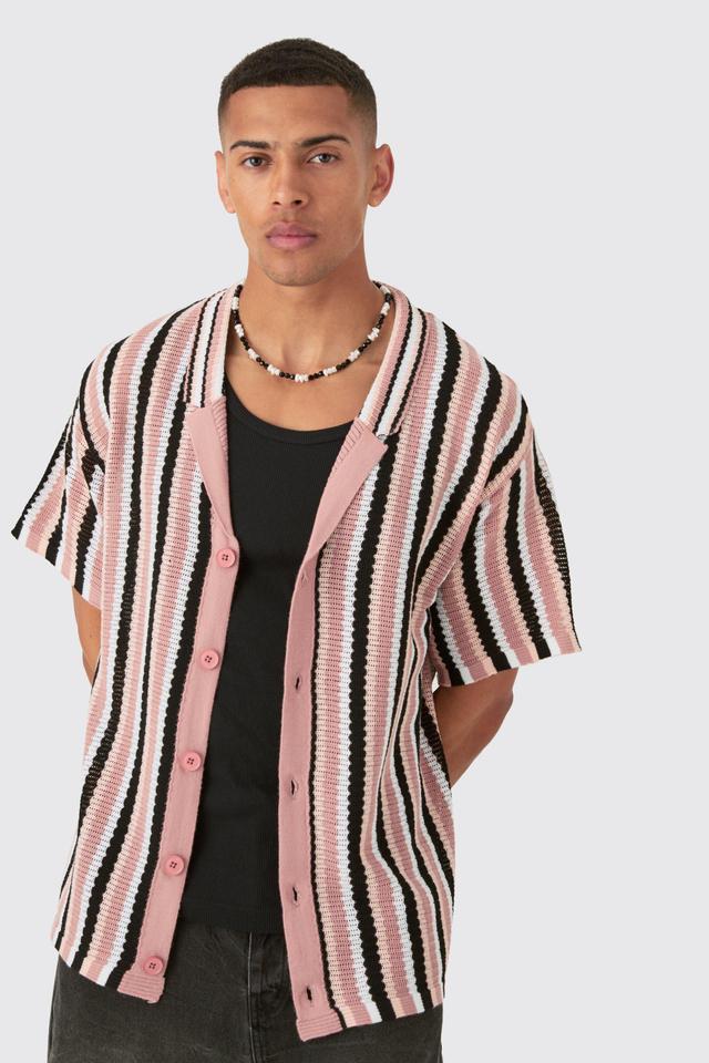 Oversized Open Stitch Stripe Knit Shirt In Black | boohooMAN USA Product Image