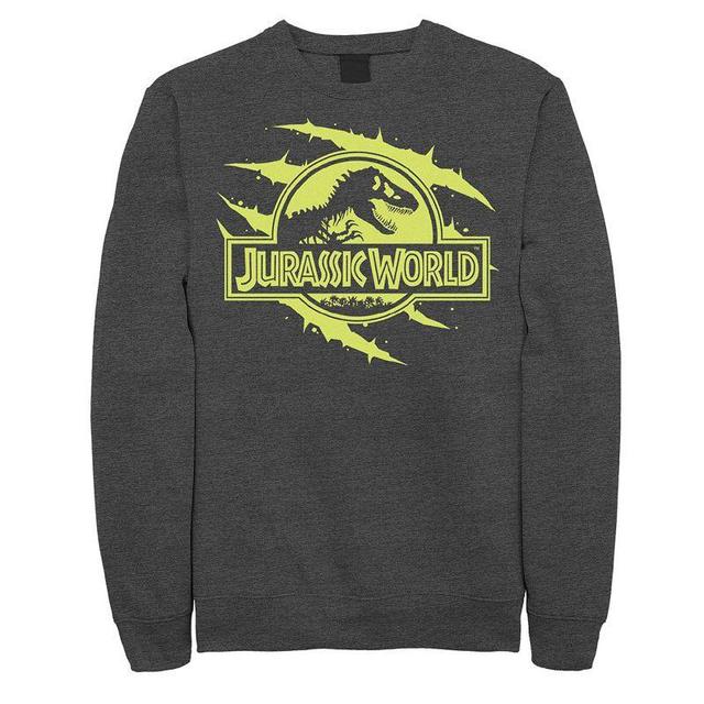 Mens Jurassic World Neon Slash T-Rex Fossil Logo Graphic Fleece Pullover Dark Grey Product Image