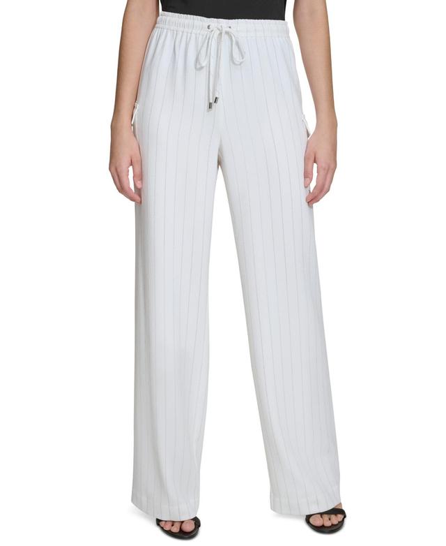 Calvin Klein Womens Striped Drawstring-Waist Cargo Pants - Soft White Product Image