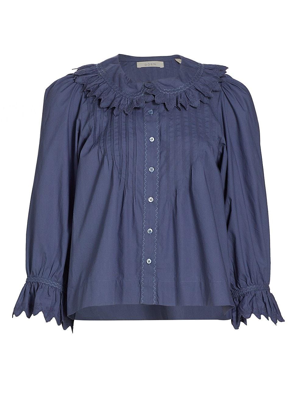 Womens Hickory Cotton Poplin Ruffled-Sleeve Top Product Image