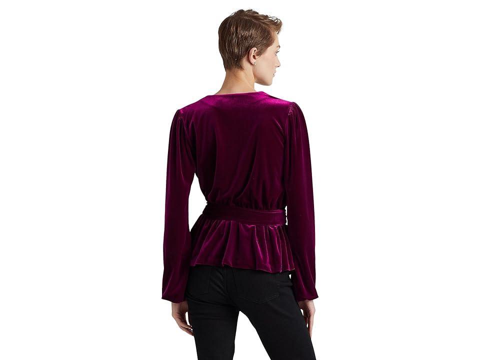 LAUREN Ralph Lauren Belted Velvet Peplum Surplice Top (Garnet) Women's Clothing Product Image