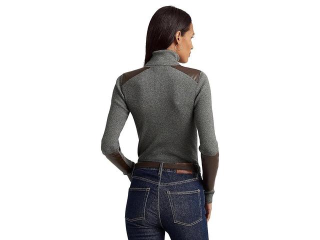 LAUREN Ralph Lauren Petite Faux Leather Trim Ribbed Turtleneck (Modern Grey Heather) Women's Sweater Product Image
