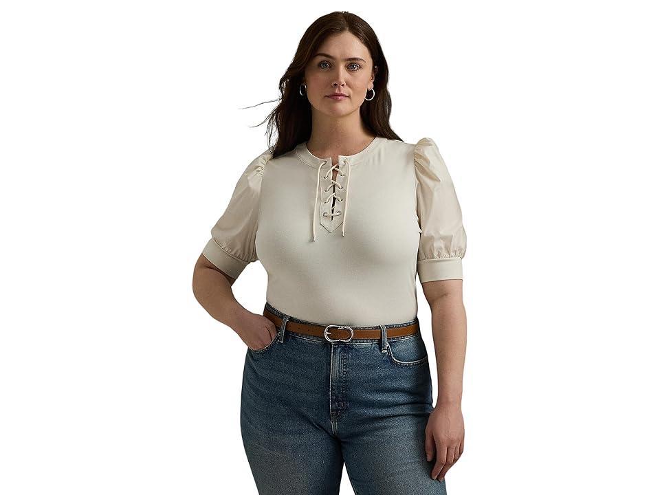 LAUREN Ralph Lauren Plus Size Lace-Up Stretch Cotton Puff-Sleeve Top (Mascarpone Cream) Women's Clothing Product Image