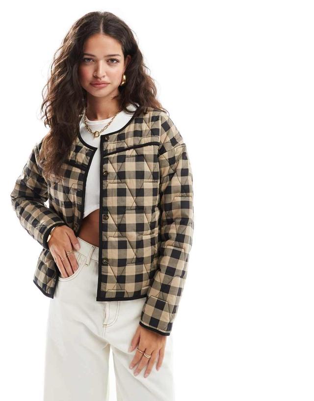 ASOS DESIGN quilted jacket in brown gingham Product Image