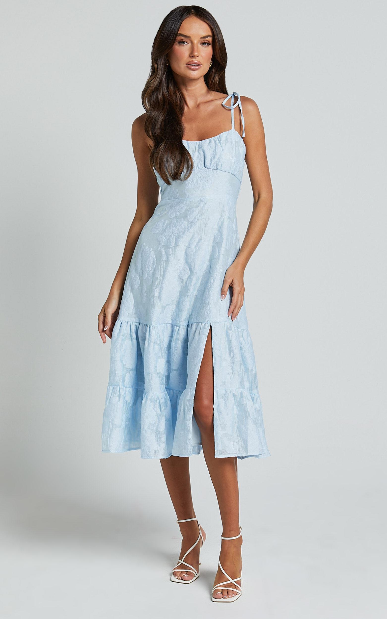 Jovena Midi Dress - Gathered Bodice Tiered Dress in Blue Product Image