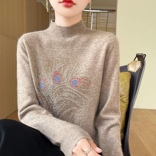 Long-Sleeve Mock Neck Rhinestone Knit Top Product Image