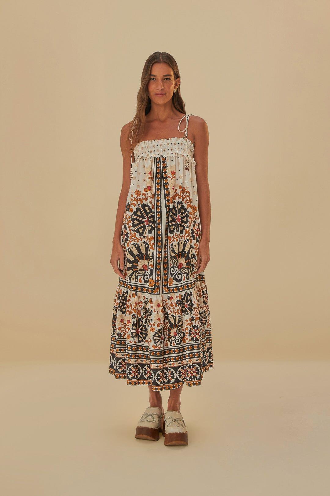 Flower Fan Tapestry Off-White Midi Dress Product Image