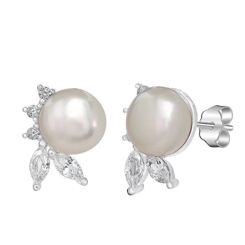 Silver Treasures Cubic Zirconia Simulated Pearl Sterling Silver Round Stud Earrings Product Image