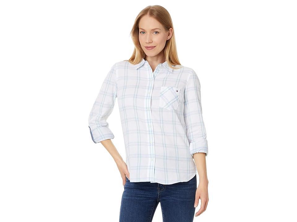 Tommy Hilfiger Pebble Plaid Roll Tab (Bright White Multi) Women's Clothing product image