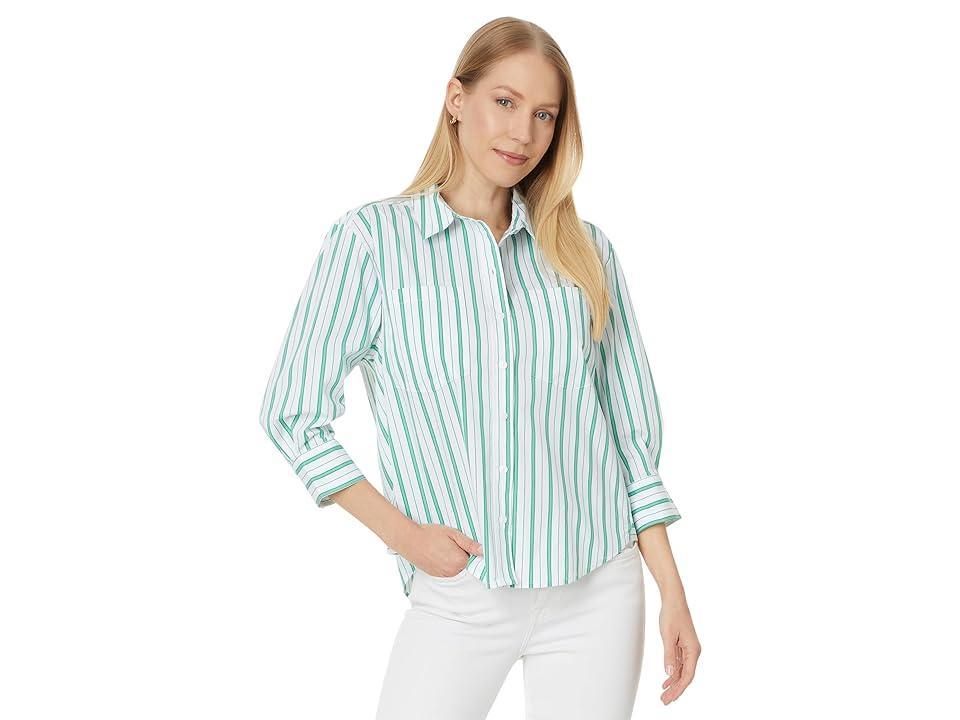 Liverpool Los Angeles Button Front Shirt with 3/4 Sleeve Stretch Poplin (Teal White Stripe) Women's Clothing Product Image