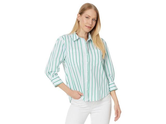 Liverpool Los Angeles Button Front Shirt with 3/4 Sleeve Stretch Poplin (Teal White Stripe) Women's Clothing Product Image