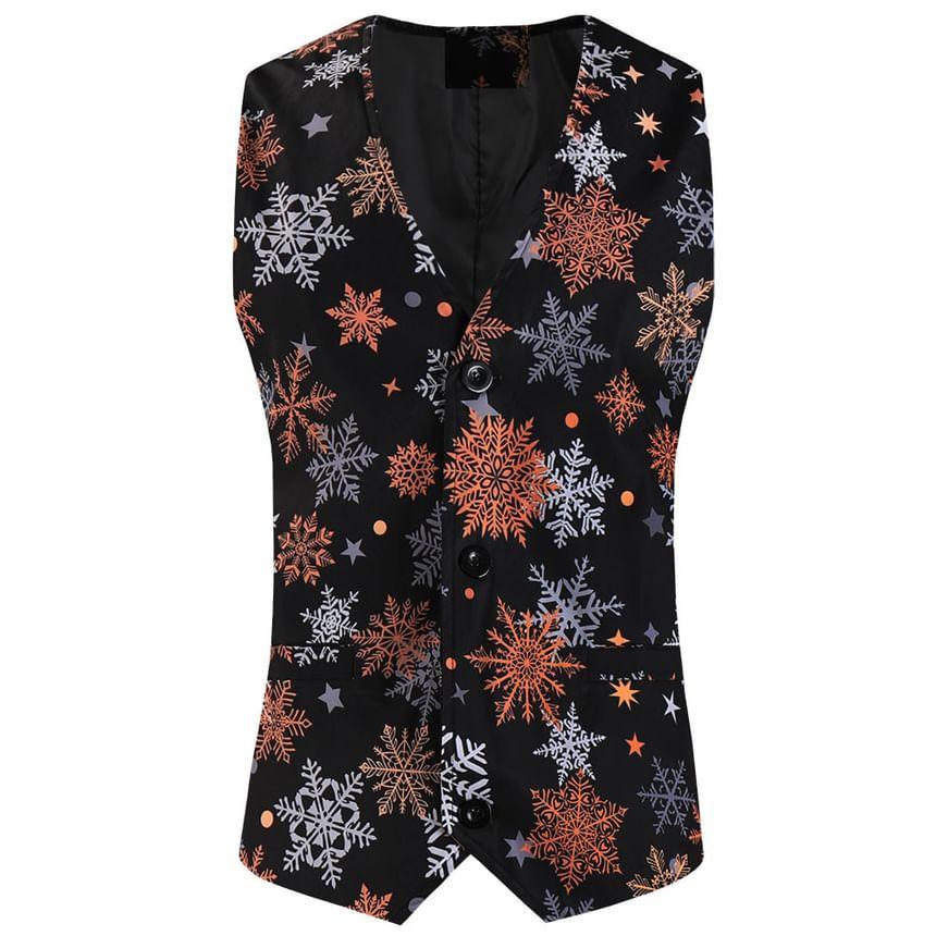 Notch Lapel Christmas Print Single Breasted Blazer / V-Neck Button Vest / Mid Rise Slim Fit Dress Pants / Set Product Image