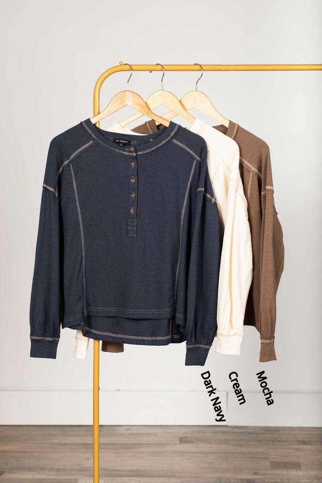 Contrast Stitch Long Sleeve Henley Knit Top Product Image