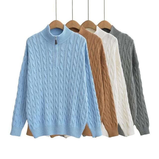 Drop Shoulder Half Zip Cable Knit Oversized Sweater Product Image