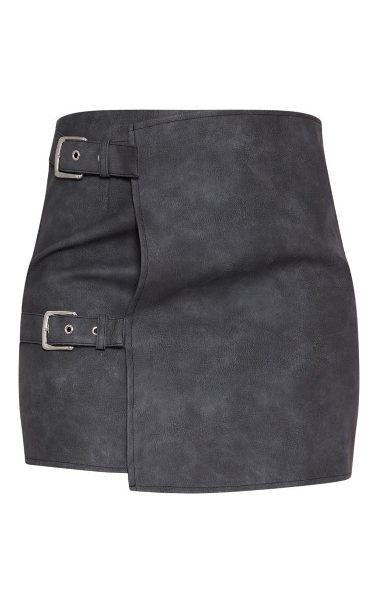 Tall Washed Black Faux Leather Buckle Detail Mini Skirt Product Image