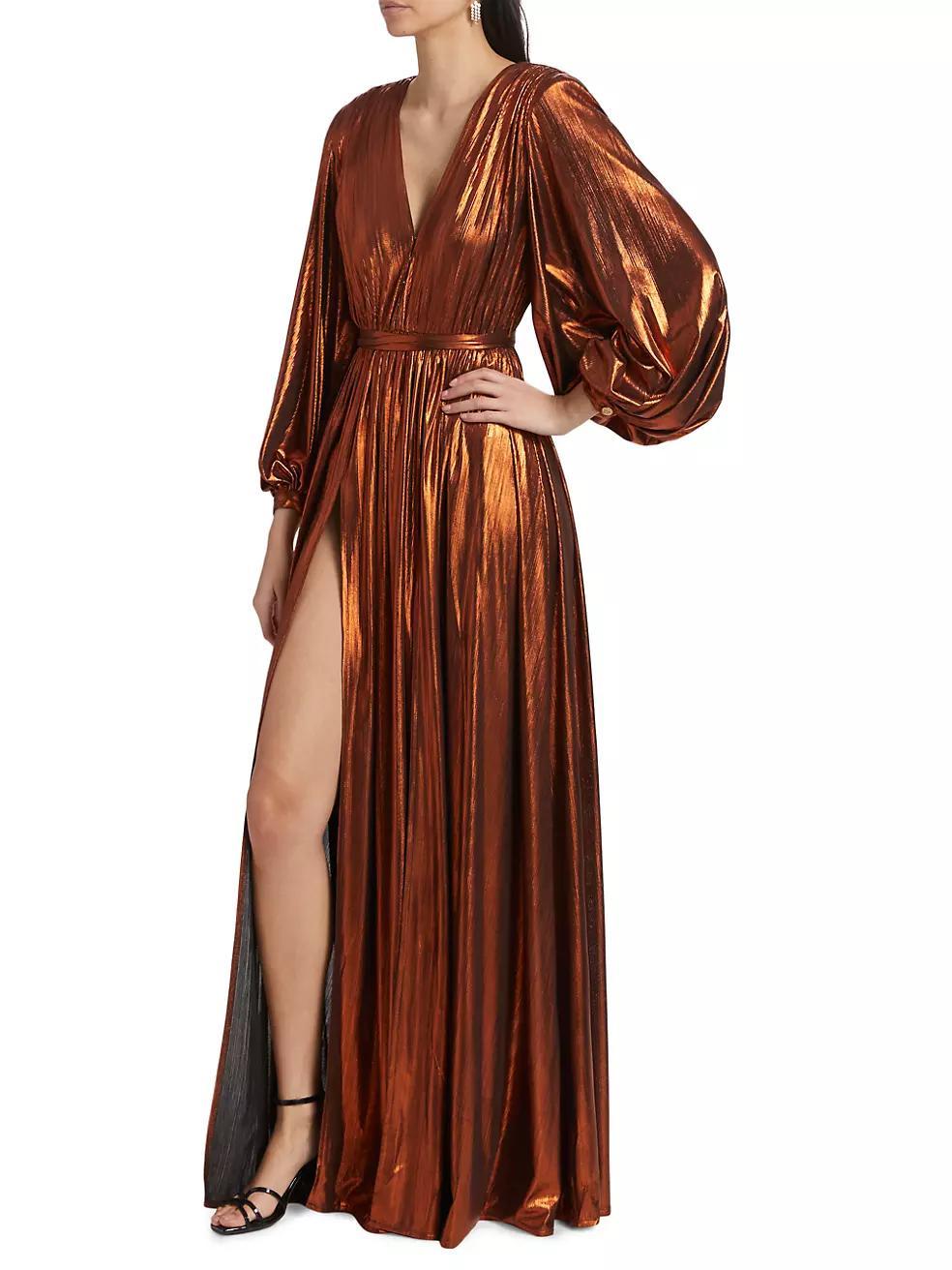 Zoe Metallic Blouson-Sleeve Gown Product Image