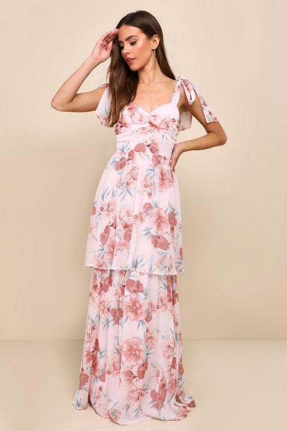 Phenomenal Poise Light Pink Floral Tie-Strap Tiered Maxi Dress Product Image