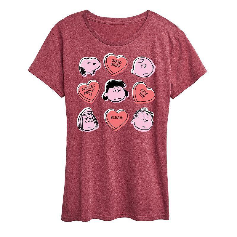 Womens Peanuts Valentines Candy Heart Grid Graphic Tee Product Image