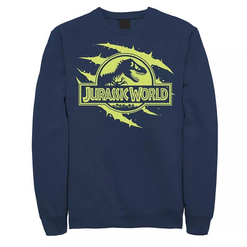 Mens Jurassic World Neon Slash T-Rex Fossil Logo Graphic Fleece Pullover Blue Product Image