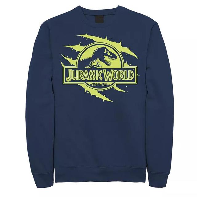 Mens Jurassic World Neon Slash T-Rex Fossil Logo Graphic Fleece Pullover Blue Product Image