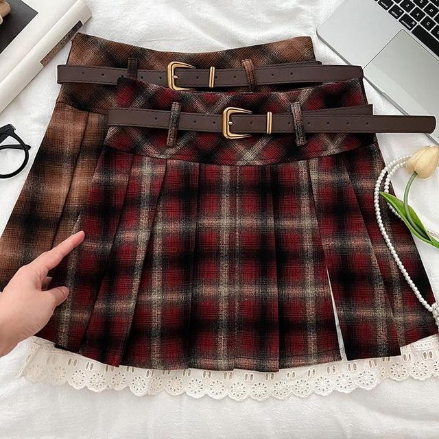 High Rise Plaid Lace Trim Pleated A-Line Mini Skirt With Belt Product Image