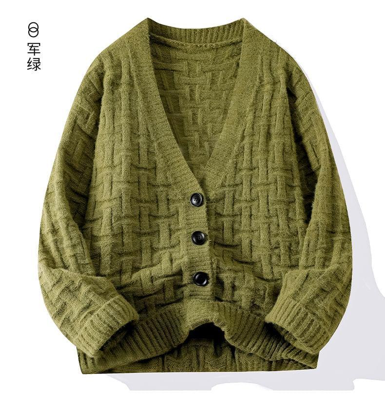 V-Neck Plain Jacquard Button-Up Cardigan Product Image