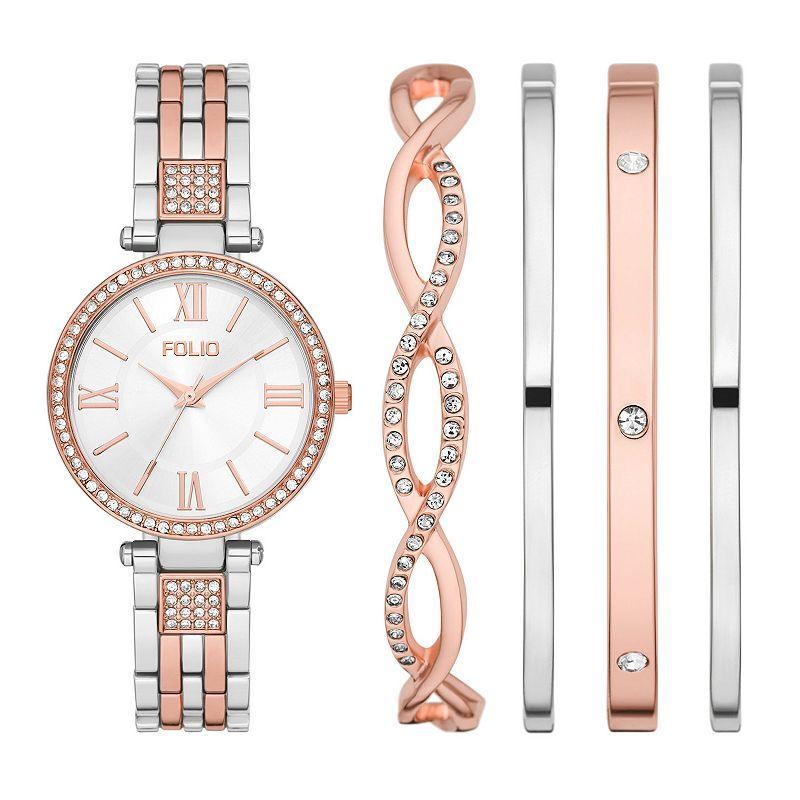 Folio Womens Three Hand Two-Tone 34mm Watch and Bracelet Gift Set, 5 Pieces Product Image