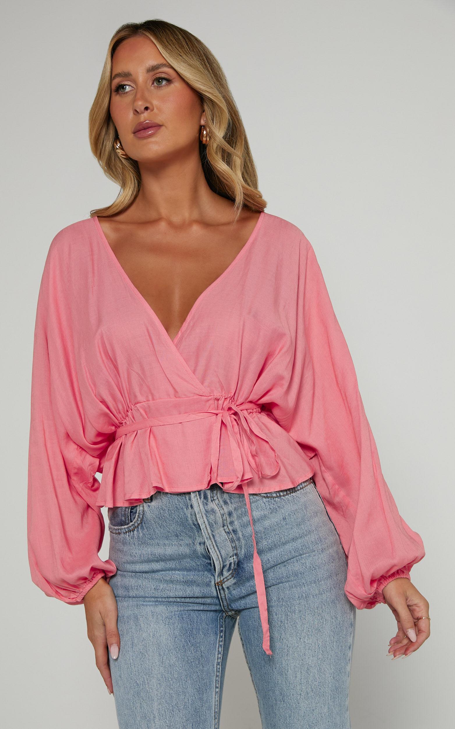 Selena Top - Linen Look V Neck Wrap Long Blouson Sleeve in Peach Product Image