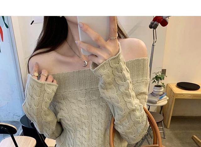 Off Shoulder Plain Cable Knit Sweater Product Image