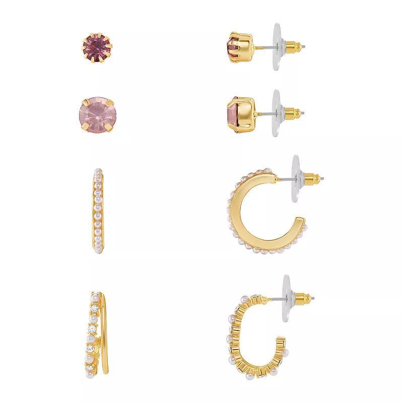 Emberly Gold Tone Rose & Clear Crystal Stud & Hoop Earrings 4-Pack Set, Womens, Yellow Product Image