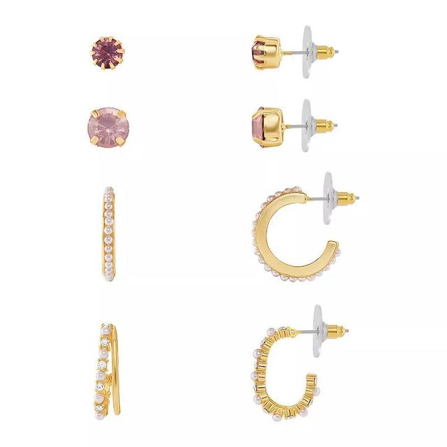 Emberly Gold Tone Rose & Clear Crystal Stud & Hoop Earrings 4-Pack Set, Womens, Yellow Gold Tone Product Image