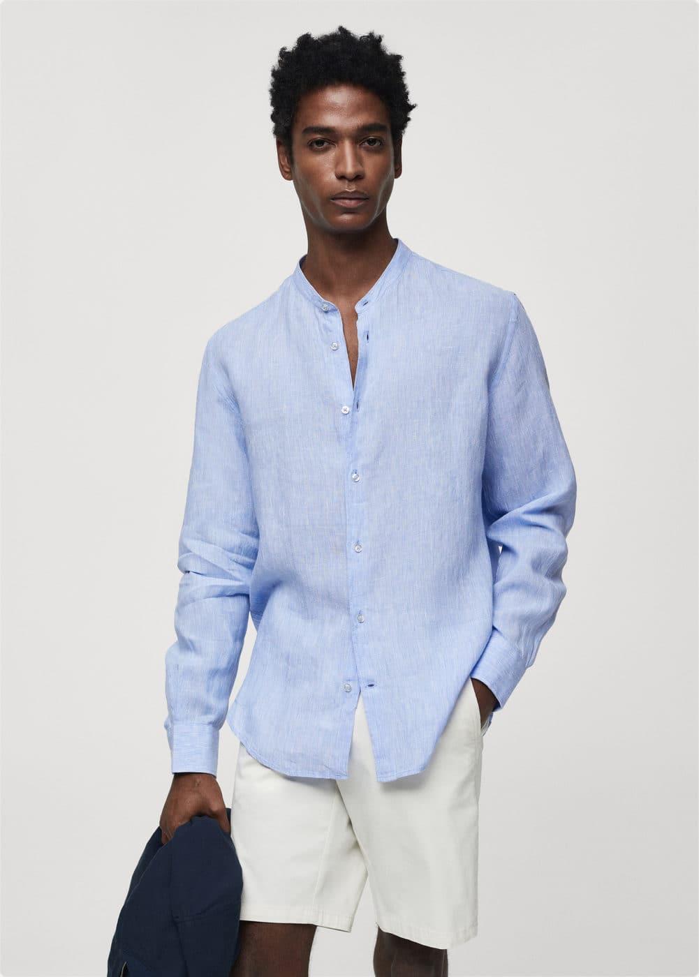 MANGO MAN - 100% linen Mao collar shirt sky blueMen Product Image