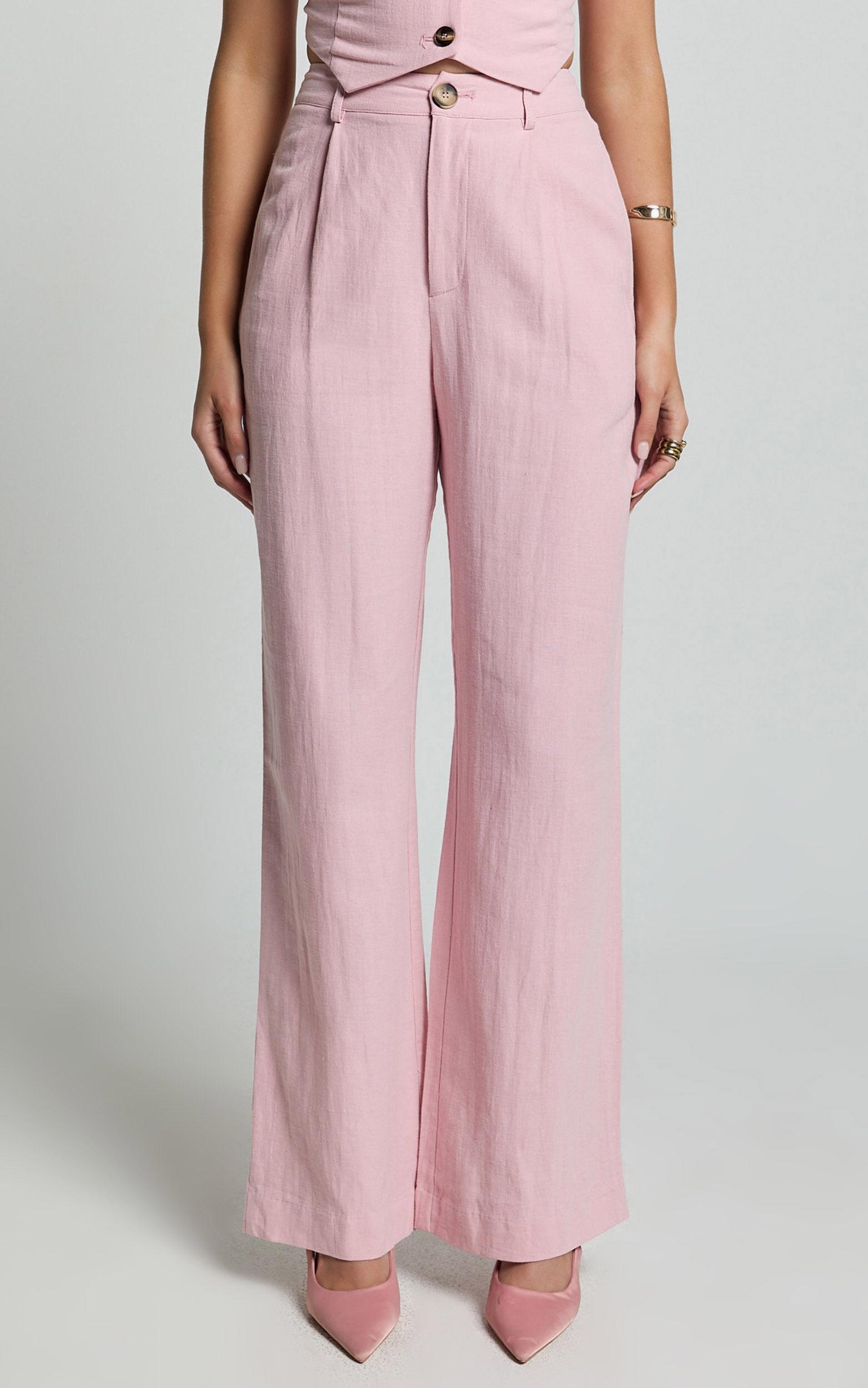 Bree Pants - Linen Look Mid Rise Relaxed Straight Leg Tailored Trousers in Light Pink Product Image