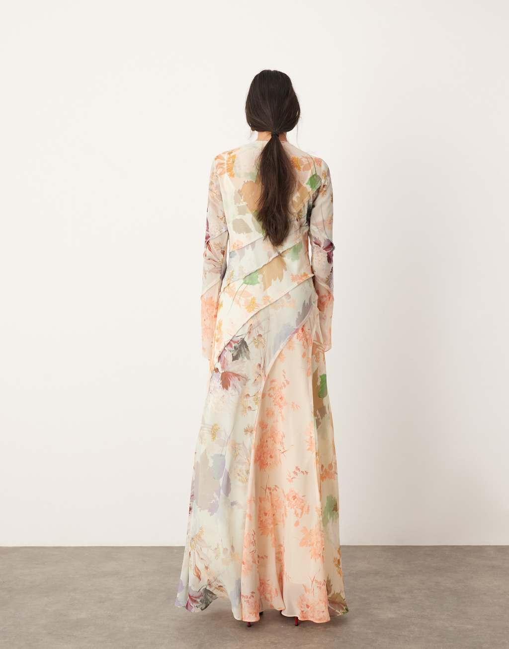 ASOS EDITION long sleeve bias cut paneled maxi dress in pink floral print Product Image