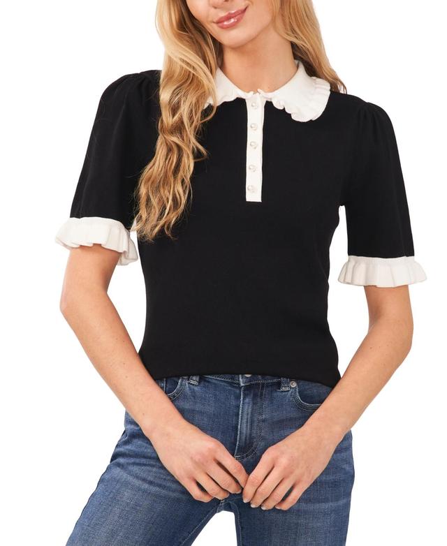 CeCe Ruffled Collar Cotton Polo Shirt Product Image