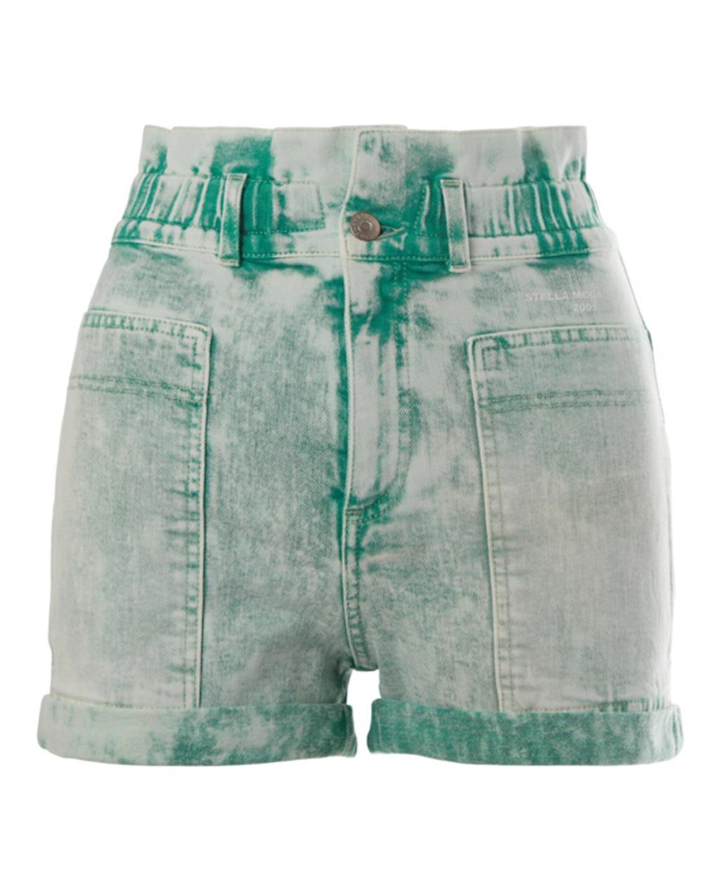 Acid-wash Embroidered Denim Shorts In Green Product Image