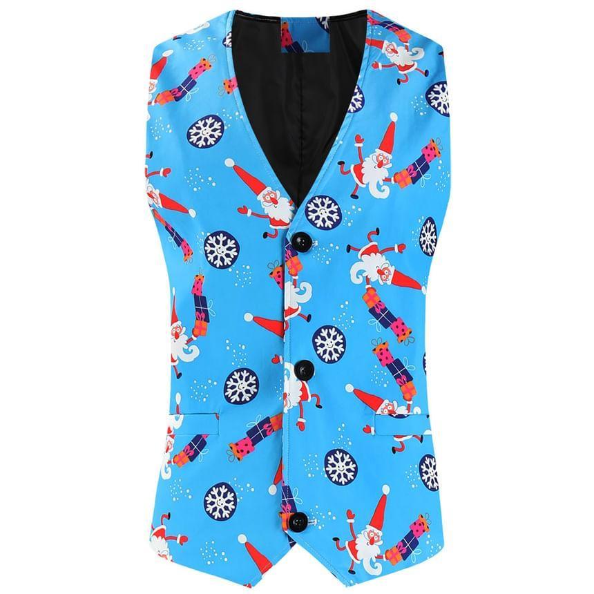 Notch Lapel Christmas Print Single Breasted Blazer / V-Neck Button Vest / Mid Rise Slim Fit Dress Pants / Set Product Image