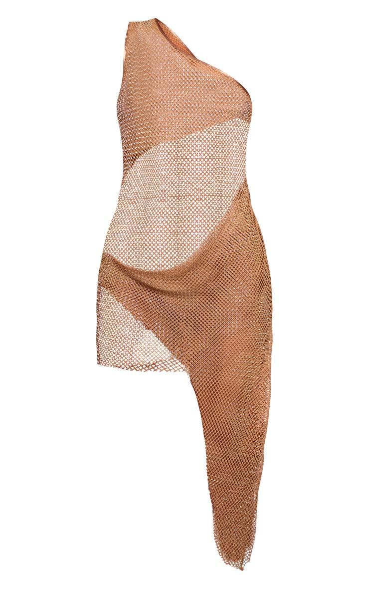 Mocha Diamante Fishnet One Shoulder Bodycon Dress Product Image