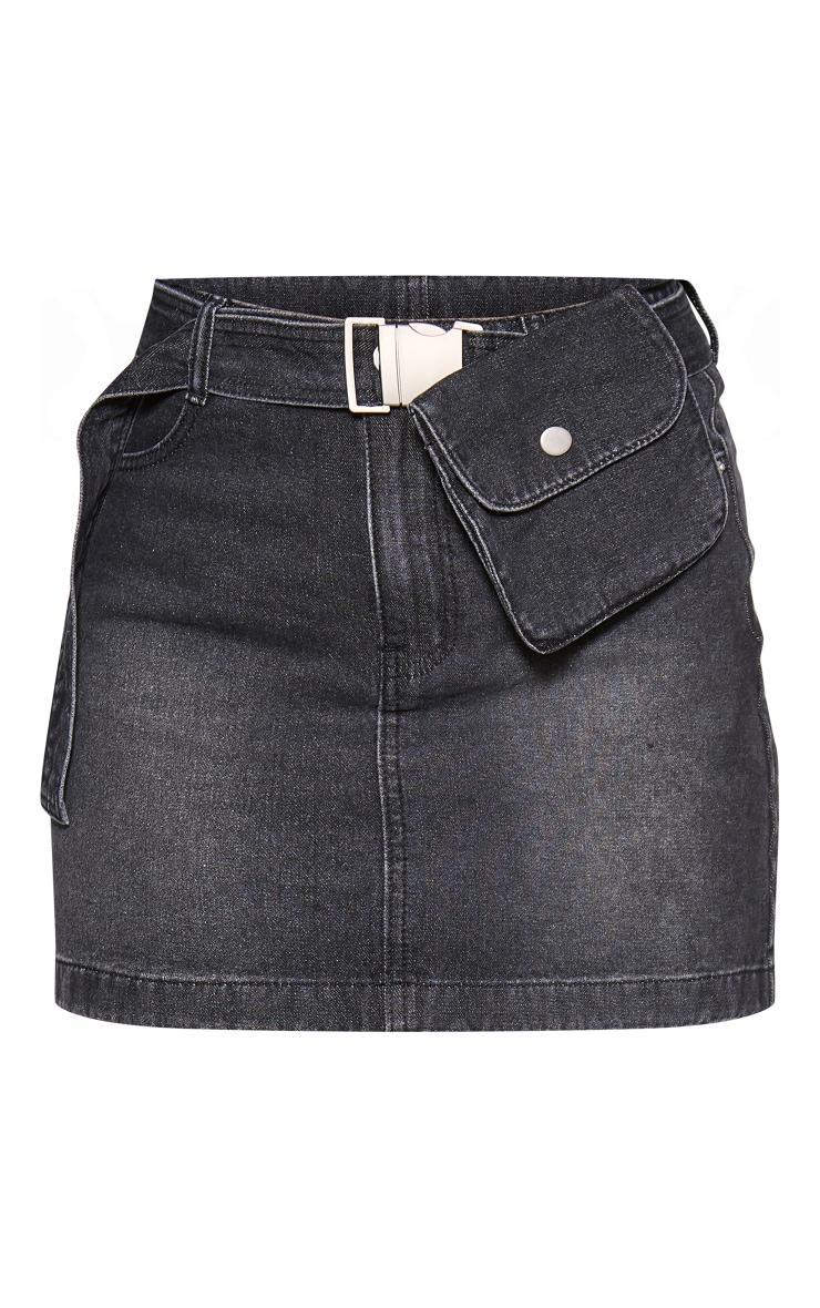 Washed Black Utility Belt Pouch Detail Denim Mini Skirt Product Image