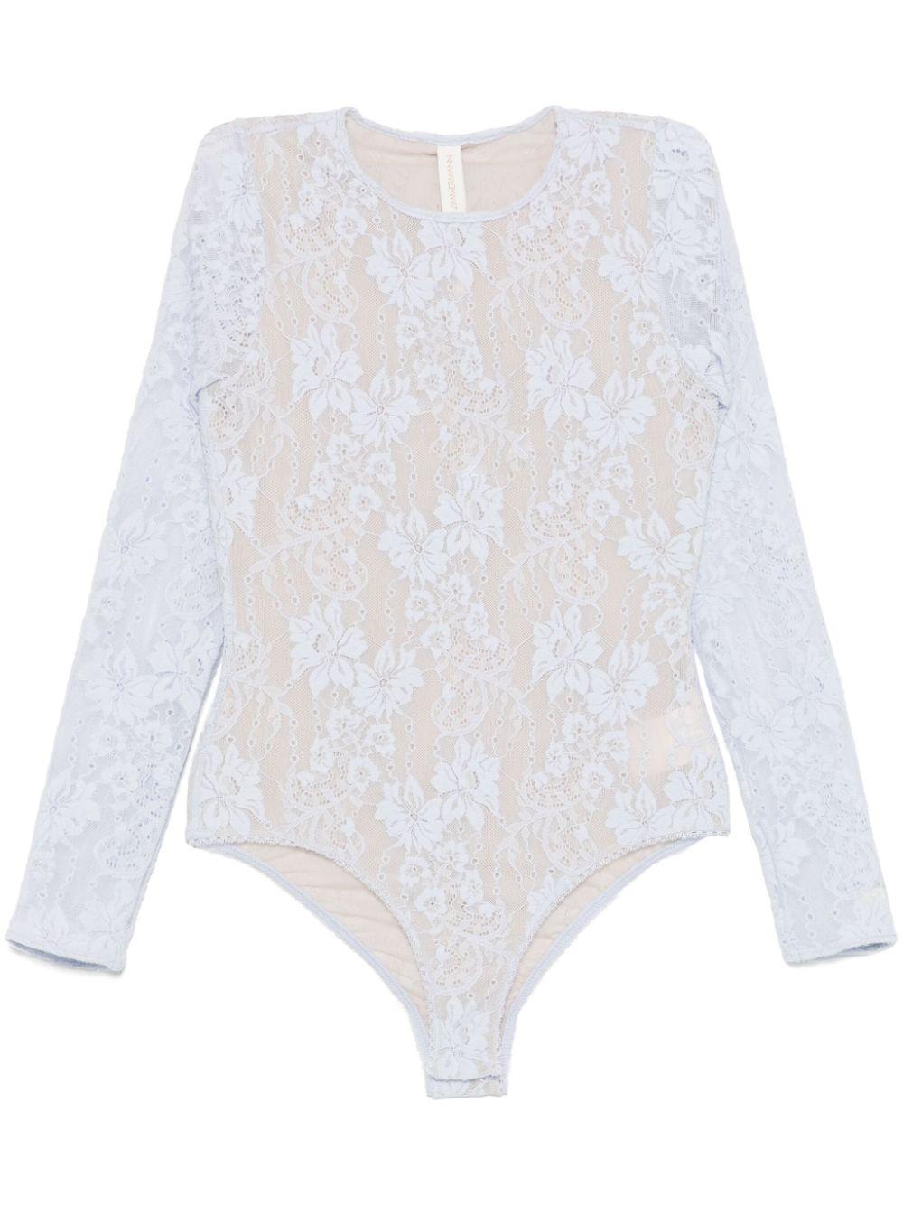 ZIMMERMANN Sheer Lace Bodysuit Floral Pattern In Blue Product Image