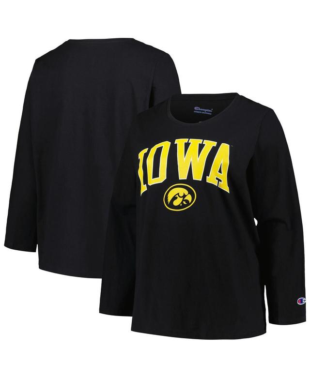 Womens Profile Black Iowa Hawkeyes Plus Size Arch Over Logo Scoop Neck Long Sleeve T-shirt Product Image