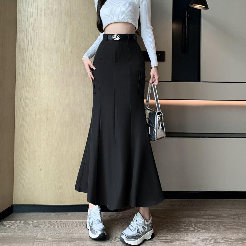 High Waist Plain Midi Mermaid Cargo Skirt Product Image