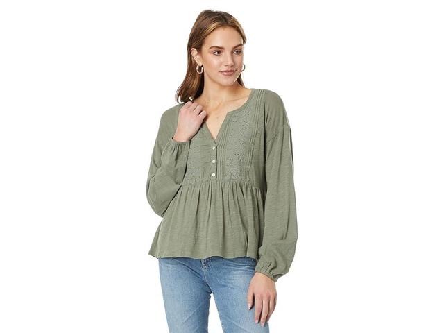 Lucky Brand Beaded Embroidered Pin Tuck Peplum Top (Balsam Green) Women's Clothing Product Image