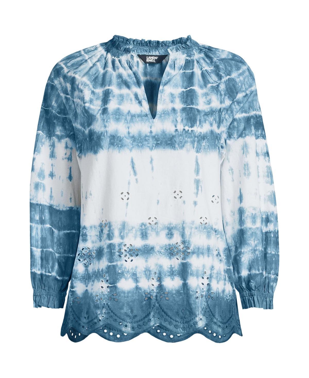 Womens Lands End Eyelet Split Neck Shirt Blue Tie Dye Product Image