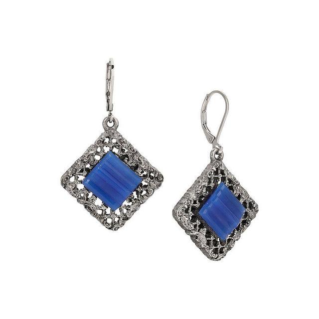 1928 Pewter Blue Glass Stone Leverback Earrings, Womens Product Image