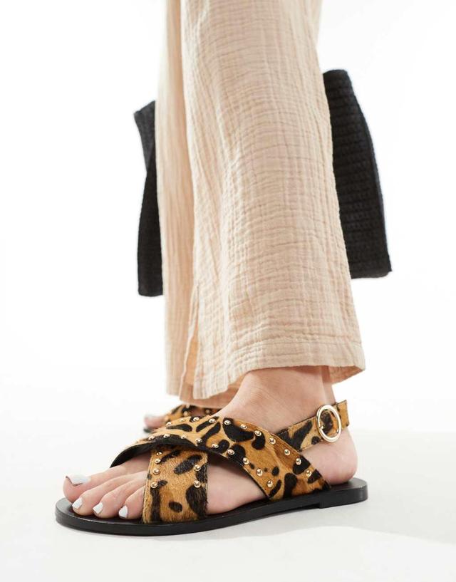 ASOS DESIGN Feast studded leather sandals in leopard pony Product Image