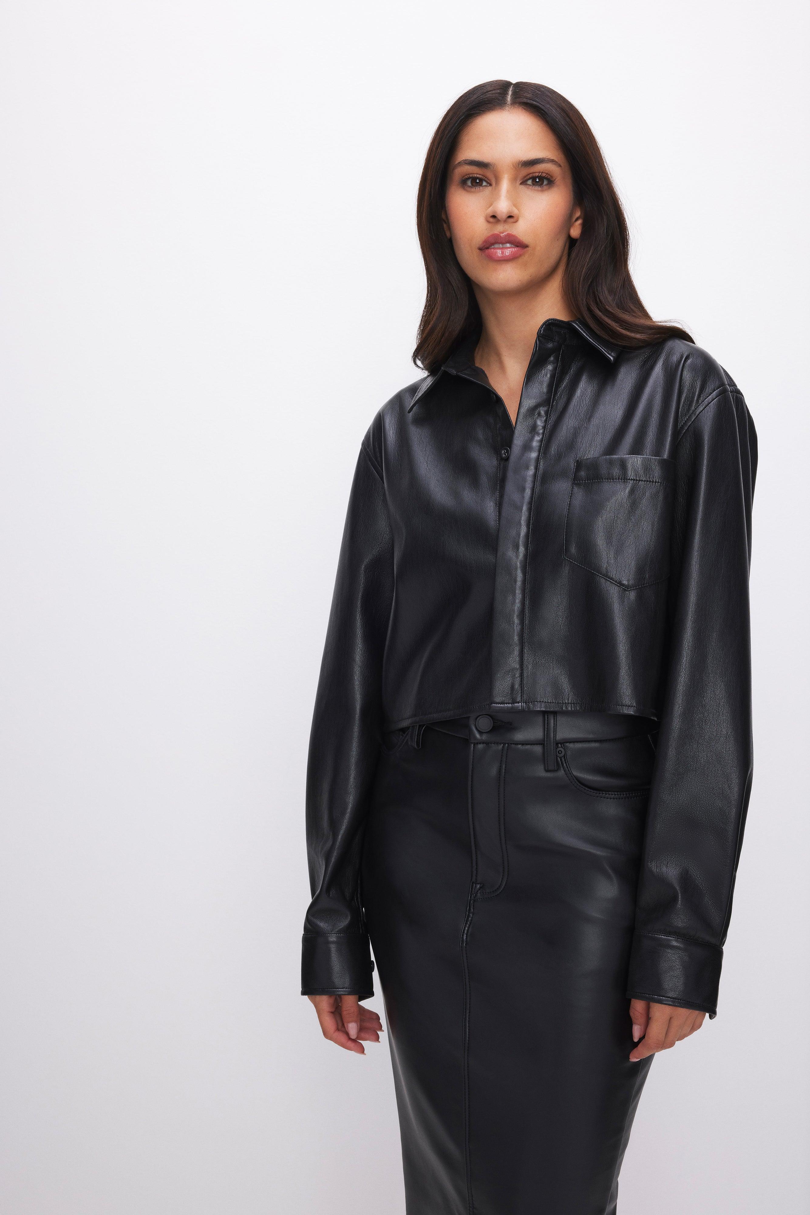 FAUX LEATHER CROPPED SHIRT | BLACK001 Product Image