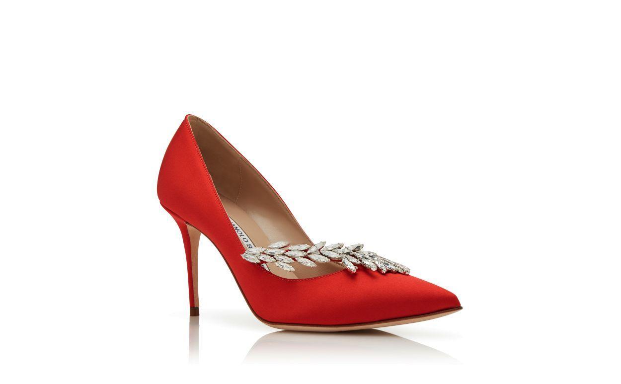 NADIRA Red Satin Jewel Buckle Pumps Product Image