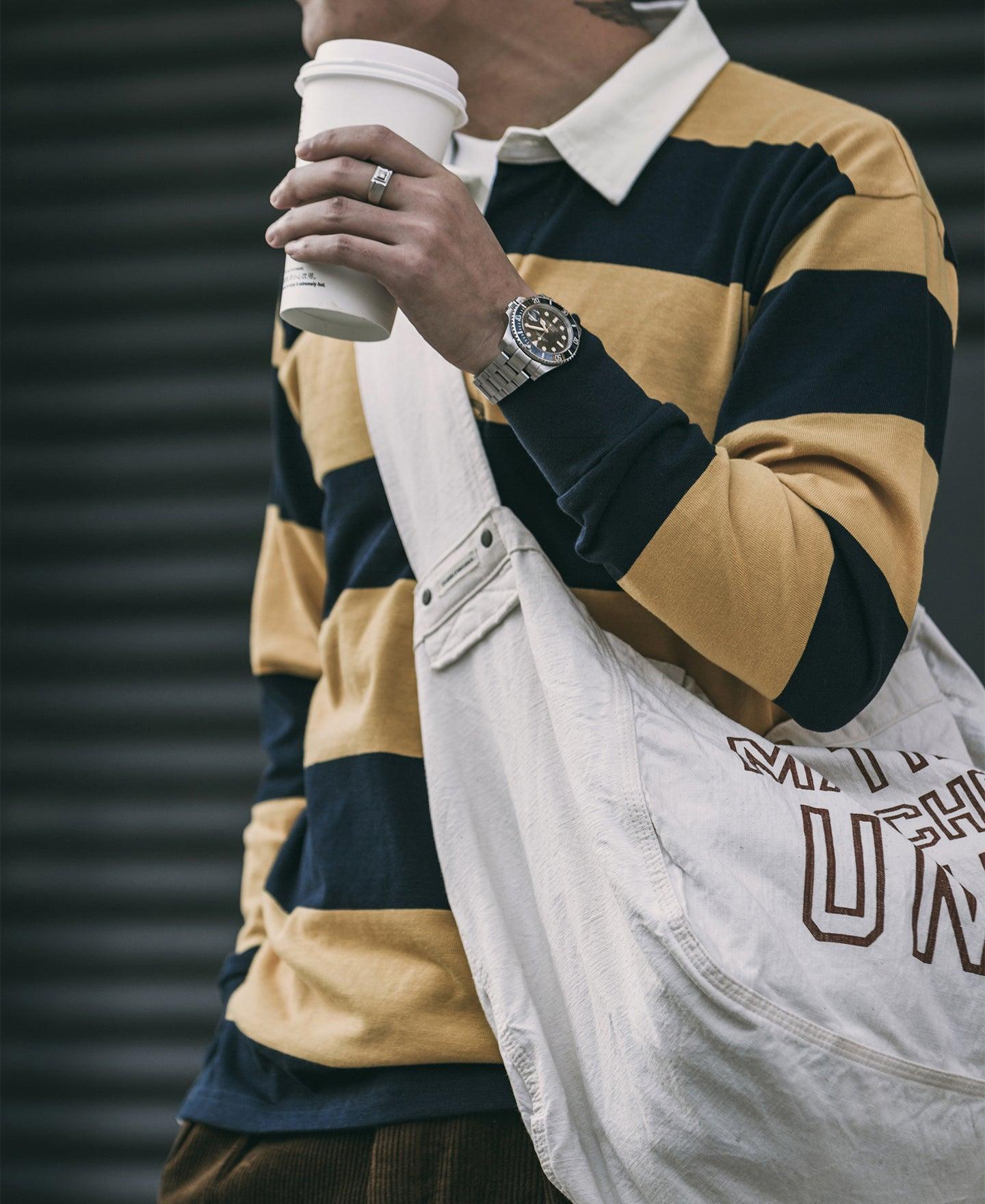 Classic Fit Striped Jersey Rugby Shirt - Yellow/Navy Product Image